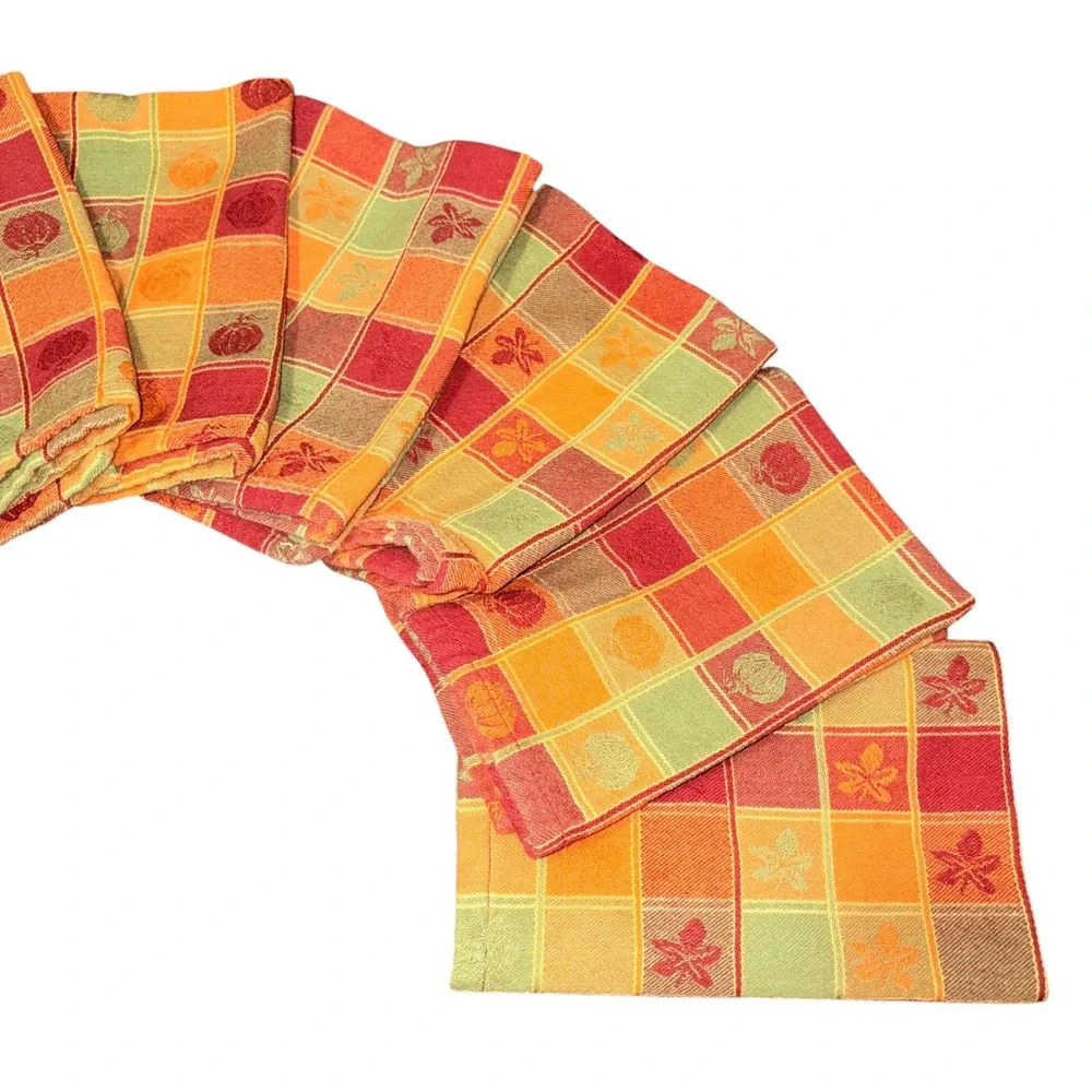 8 Vtg Fall Harvest Plaid Cloth Napkins Pumpkin Leaf Orange Red Green Square